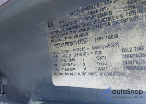 1999 Chevrolet S-10 Ls из США, поврежденный, VIN 1GCCS14W2X8117697